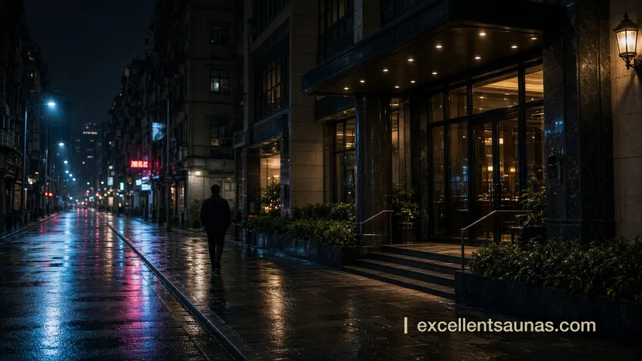 凌晨四時酒店門外街景一景（示意圖）：濕路面的霓虹倒影與獨行背影